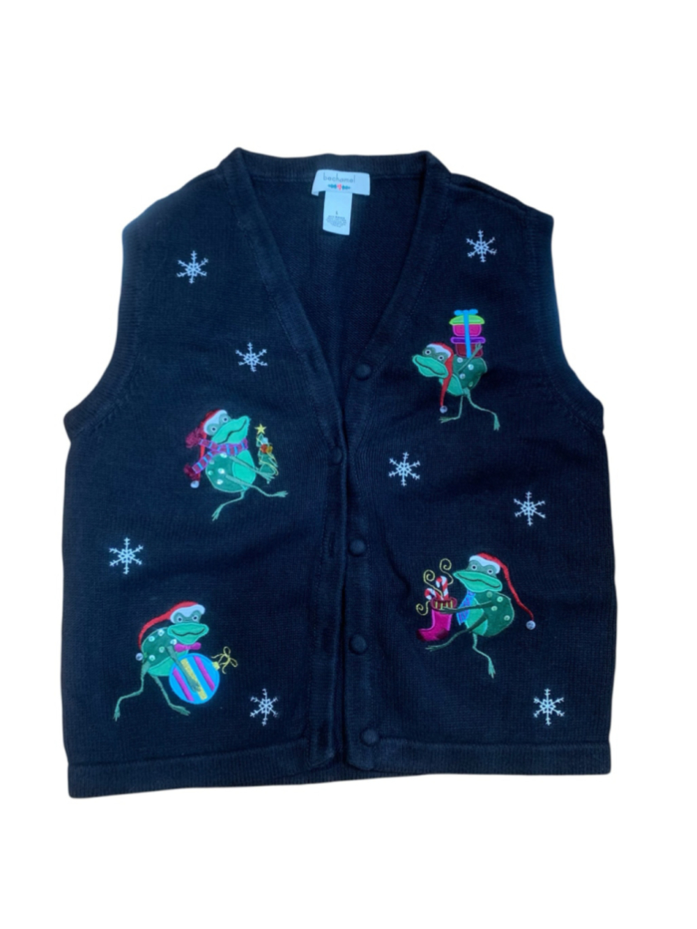 Vntg Women's bechamel Christmas Frog sweater Vest Black Size L